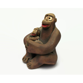 Vintage Clay Pottery Chimp Ape  and Baby Sculpture Chimp Figurine Mother & Child