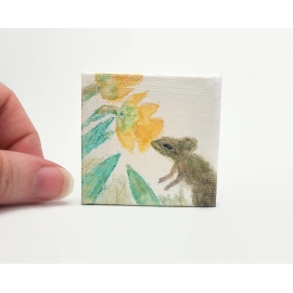 Small Pencil and Watercolor Painting of Mouse with Daffodils 2" x 2" Mini Art