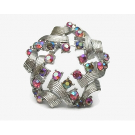 Vintage Silver Tone Pink and Green AB Rhinestone Brooch