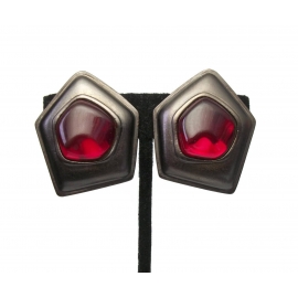 Vintage Signed Yves Saint Laurent Clip on Earrings Big Gunmetal Red Gripoix YSL