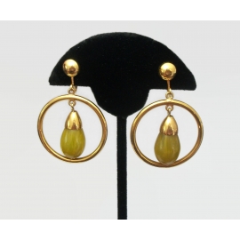 Vintage Clip on Drop Hoop Earrings Gold Tone with Chartreuse Yellow Moss Green