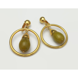 Vintage Clip on Drop Hoop Earrings Gold and Chartreuse Yellow Moss Green