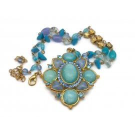 Vintage Blue Moonglow Medallion Pendant Necklace Gold Tone Shades of Blue Shimmery Rhinestones Aqua Turquoise Periwinkle Big Pendant Vintage Blue Moonglow Medallion Pendant Necklace Gold Aqua Turquoise Periwinkle