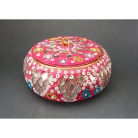 Vintage Pink Cut Mirrored Glass and Bead Trinket Box Made in India