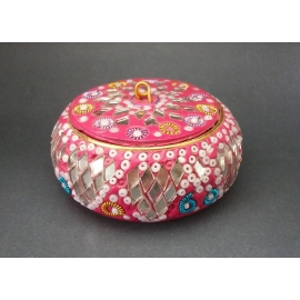 Vintage Pink Cut Mirrored Glass and Bead Trinket Box Made in India  Ornate Round Pink Ring Box Lidded Small Keepsake Box  1980s or older Vintage Pink Cut Mirrored Glass and Bead Trinket Box Made in India