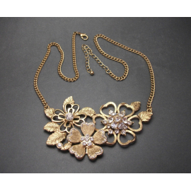 Vintage Brushed Gold Tone Floral Flower Bib Necklace with Clear Crystals