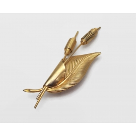 Vintage Gold Tone Cattails and Leaf Brooch Long 3 3/8 inch Nature Lapel Pin