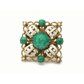 Vintage Green and White Ornate Square Gold Filigree Brooch Glass Beads