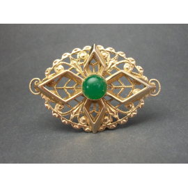 Vintage Sarah Coventry Gold Filigree Brooch Green Stone Cabochon Pin Lapel Pin
