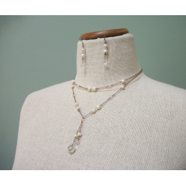 Vintage Clear Crystal and Freshwater Pearl Y Necklace and Dangle Earrings Set