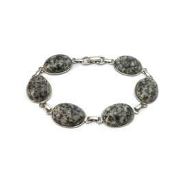 Vintage Speckled Black and Grey Stone Cabochon Bracelet Silver Tone Oval Chain