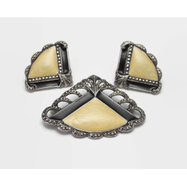 Vintage Marcasite Art Deco Fan Brooch and Earrings Set Filigree Cream Enamel