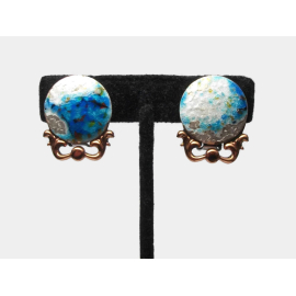 Vintage Matisse Renoir Copper and Enamel Clip on Earrings Blue and White