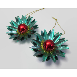 Vintage Tin Metal Star Ornaments Christmas Decor Teal Blue and Red 3D Starbursts