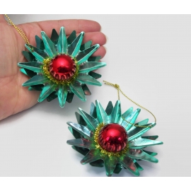 Vintage Tin Metal Star Ornaments Christmas Decor Teal Blue and Red 3D Starbursts