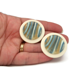Vintage Huge 1980s Round Cream and Blue Striped Earrings Chunky Lucite Discs