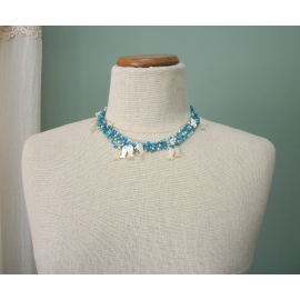 Vintage Mother of Pearl Shell Fish Charm Choker Necklace Blue and White Beads