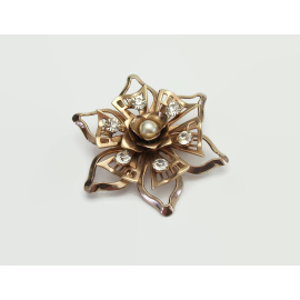 Vintage Rose Gold Floral Brooch with Clear Crystal Rhinestones