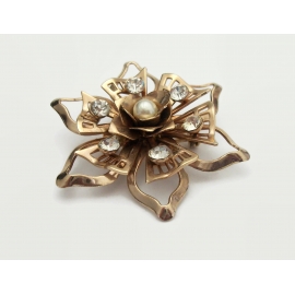 Vintage Rose Gold Floral Brooch with Clear Crystal Rhinestones