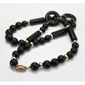 Vintage 1980s Chunky Black Beaded Necklace 24 inch Black Lucite Beads Gold Tone Accents 80s Geometric Jewelry Vintage 1980s Chunky Black Beaded Necklace 24 inch Black Lucite Beads