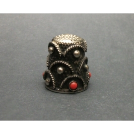 Vintage Silver Tone Metal Thimble with Red Faux Coral Beads