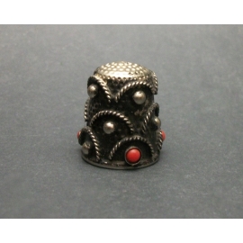 Vintage Silver Tone Metal Thimble with Red Faux Coral Beads Vintage Silver Tone Metal Thimble with Red Faux Coral Beads