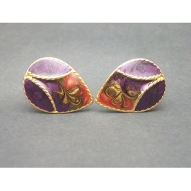 Vintage Purple Orange and Gold Enamel Clip on Earrings Teardrop Shaped