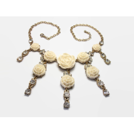 Floral Fringe Bib Necklace Cream White Roses Flowers and Rhinestones