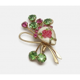 Vintage Pink and Green Rhinestone Floral Spray Brooch Pin