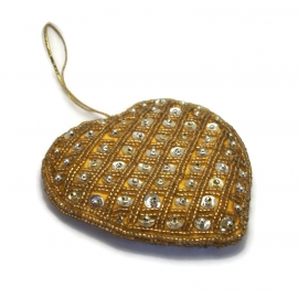 Large 4 inch Sequin Gold Seed Bead Heart Ornament