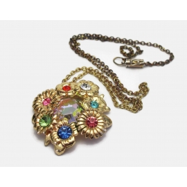 Vintage colorful rhinestone floral pendant necklace