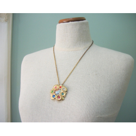 Vintage colorful rhinestone floral pendant necklace