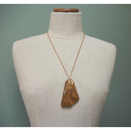 Vintage Stone Slice Pendant Necklace with Decorative Leaf Bail and 24 inch chain