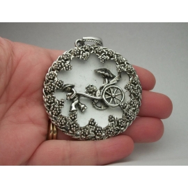 Vintage Large 3D Silver Tone Rickshaw Pendant Big 2 inch Diameter Round Asian Rickshaw Scene Pendant Metalwork Art Statement Jewelry Vintage silver Asian rickshaw pendant