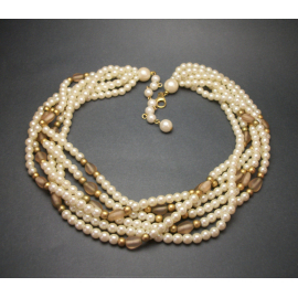 Multistrand pearl choker with beige and gold beads