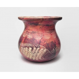 Vintage Tribal Fish and Leaves Etched Stoneware Pottery Hand Made Small Heavy Art Vessel Bud Vase 2 1/2" tall Vintage tribal fish and leaves etched stoneware pottery vase