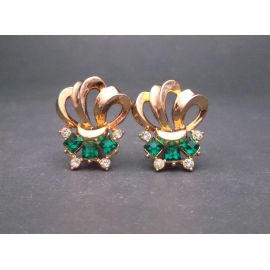 Vintage Emerald Green Crystals and Gold Clip on Earrings with Clear Rhinestone Accents Elegant Formal Earrings Wedding Jewelry Gold and emerald green rhinestone vintage clip on earrings