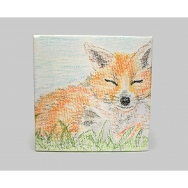 Sleeping Fox Drawing on Miniature Canvas Colored Pencil Tiny Art Cute Wild Fox Small Mini Fox Original Pencil "Painting" Miniature art fox drawing on canvas