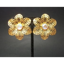 Vintage Huge Gold Filigree Flower Clip on Earrings with AB Crystal Centers