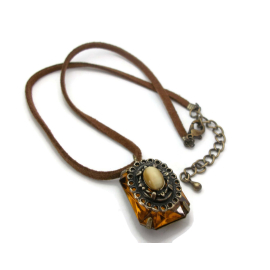 Vintage faux topaz brass filigree pendant on suede cord