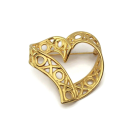 Vintage Anne Klein Heart Brooch Big Gold Openwork XOXO 3D Heart Shaped Lapel Pin