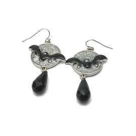 Flying Bat Dangle Earrings Halloween Black and Sparkly Silver Enamel Full Moon