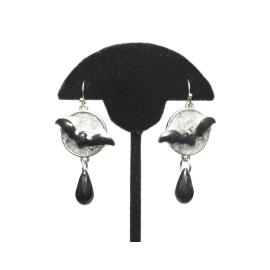 Flying Bat Dangle Earrings Halloween Black and Sparkly Silver Enamel Full Moon