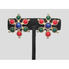 Vintage Sarah Coventry 1970s Carnival Clip on Earrings Gold with Red Green Blue