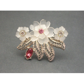 Vintage Celluloid Flower Brooch Floral Lapel Pin Silver Filigree Translucent Cle