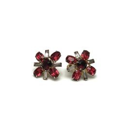 Vintage Garnet and Ruby Red Crystals and Clear Baguettes Clip on Earrings