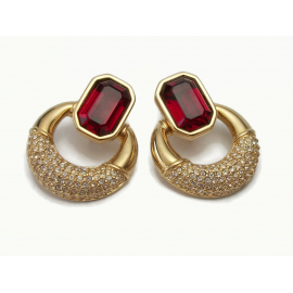 Vintage Signed Swarovski Crystal Earrings Ruby Garnet Red Clear Pave Crystals