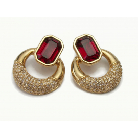 Vintage Swarovski Swan Signed Doorknocker Pave Crystal Gold Tone Faux Ruby Garnet Red Clip on Earrings Clear Crystal Sparkly Formal Earring Vintage Signed Swarovski Crystal Earrings Ruby Garnet Red Clear Pave Crystals