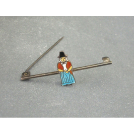 Antique Guilloche Welsh Woman Silver Bar Pin C Clasp Silver Enamel Brooch Pin