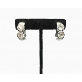 Vintage Chunky Silver Clear Crystal Rhinestone Clip on Earrings 1 inch Half Hoop